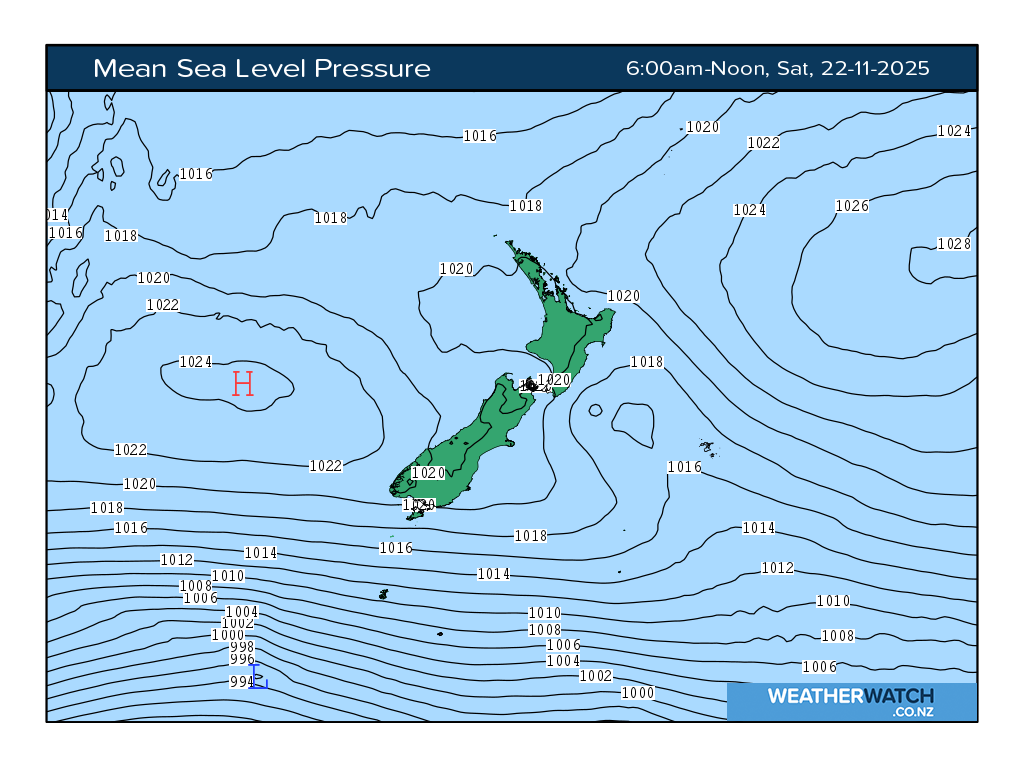 Mean sea level pressure for 7:01am on Sat 22 November 2025