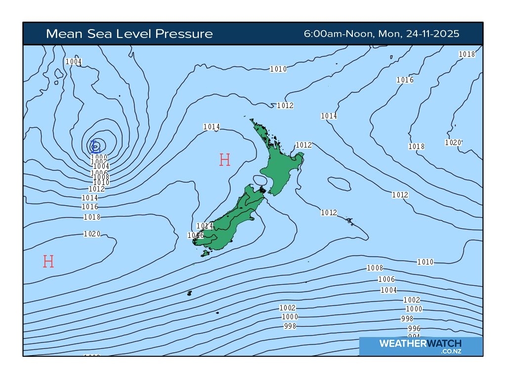 Mean sea level pressure for 7:01am on Mon 24 November 2025
