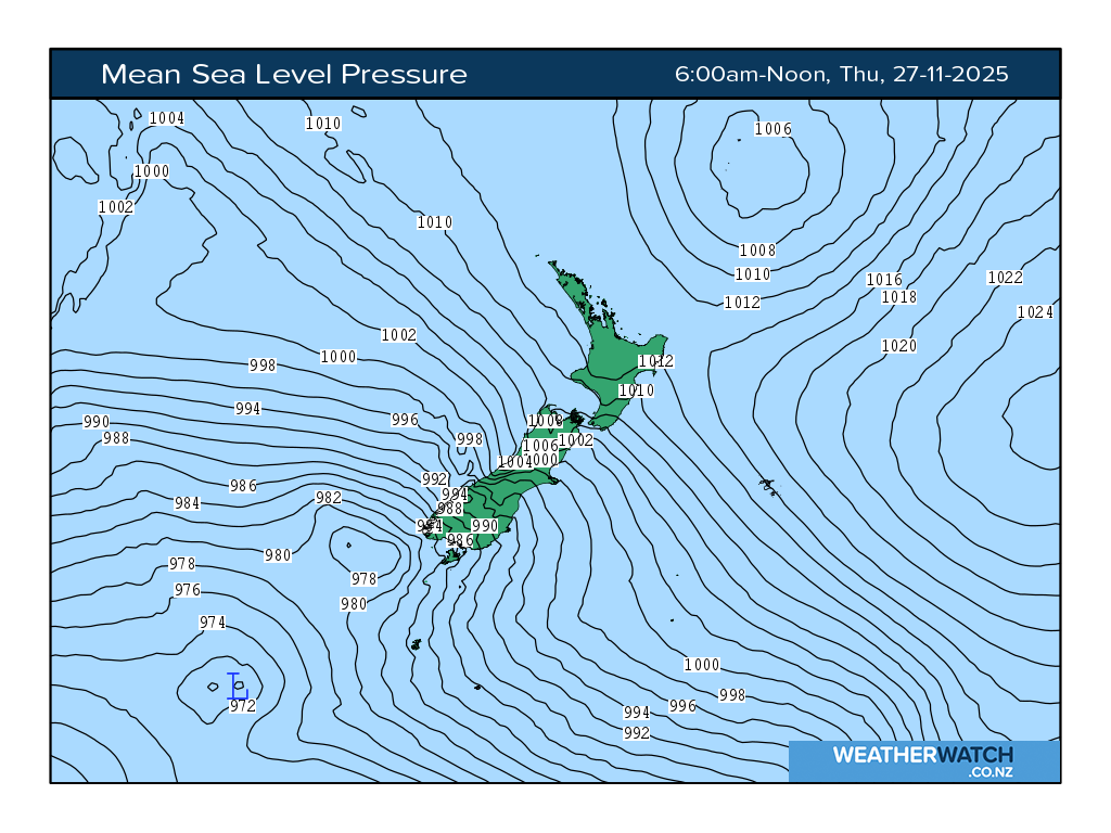 Mean sea level pressure for 7:01am on Thu 27 November 2025