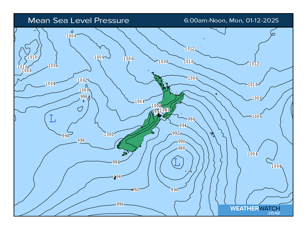 Mean sea level pressure for 7:01am on Mon 1 December 2025