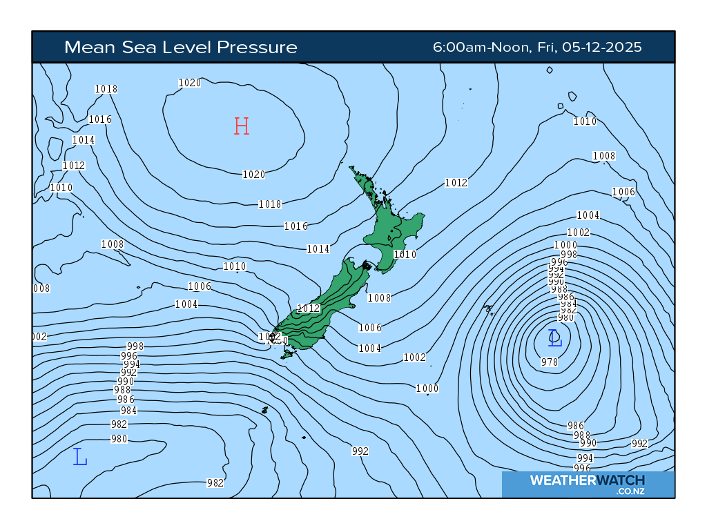 Mean sea level pressure for 7:01am on Fri 5 December 2025