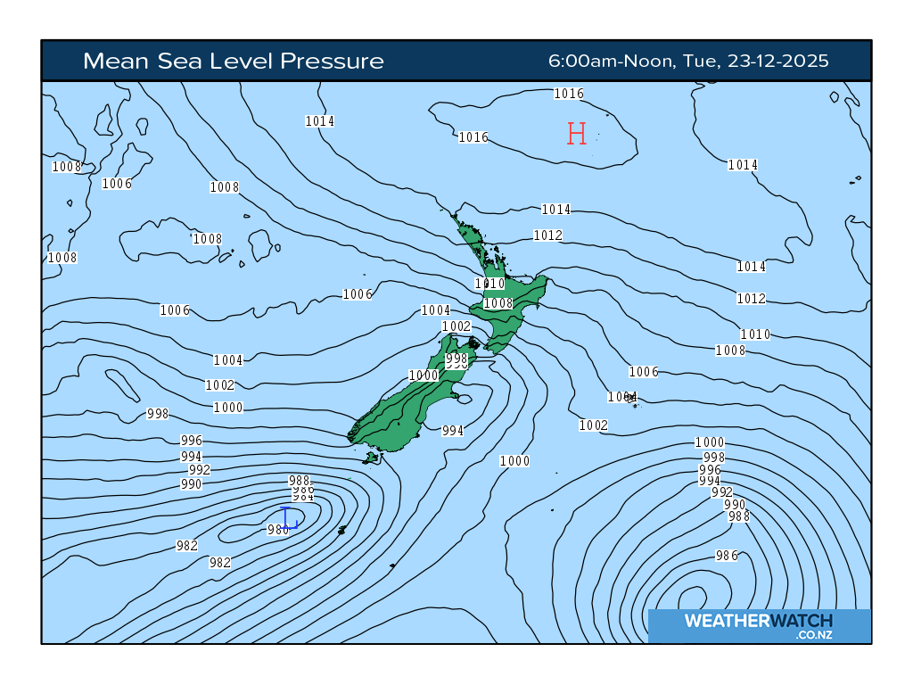 Mean sea level pressure for 7:01am on Tue 23 December 2025