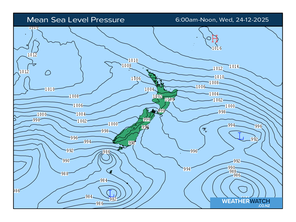 Mean sea level pressure for 7:01am on Wed 24 December 2025