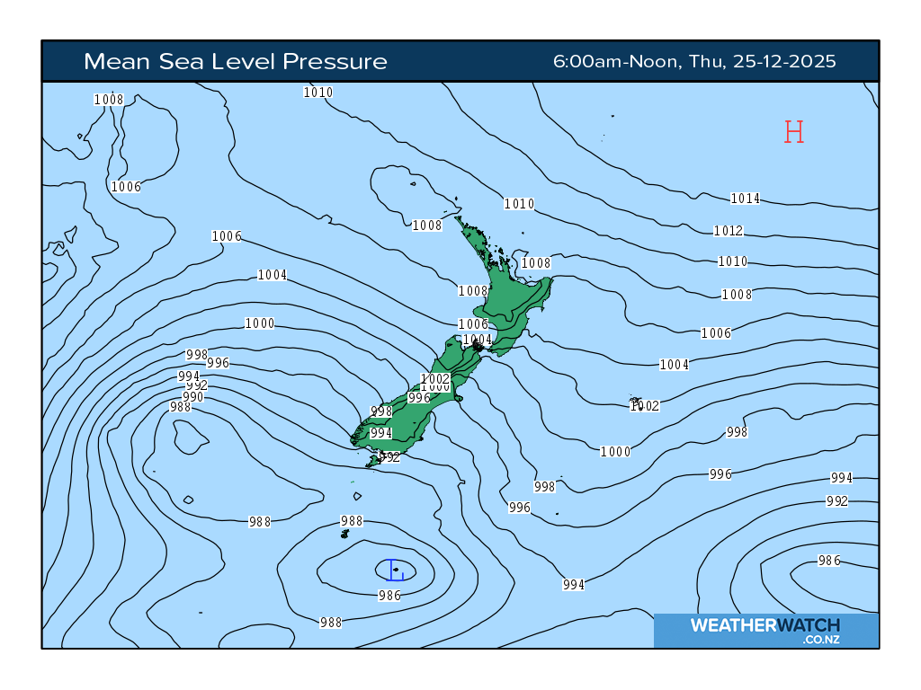 Mean sea level pressure for 7:01am on Thu 25 December 2025