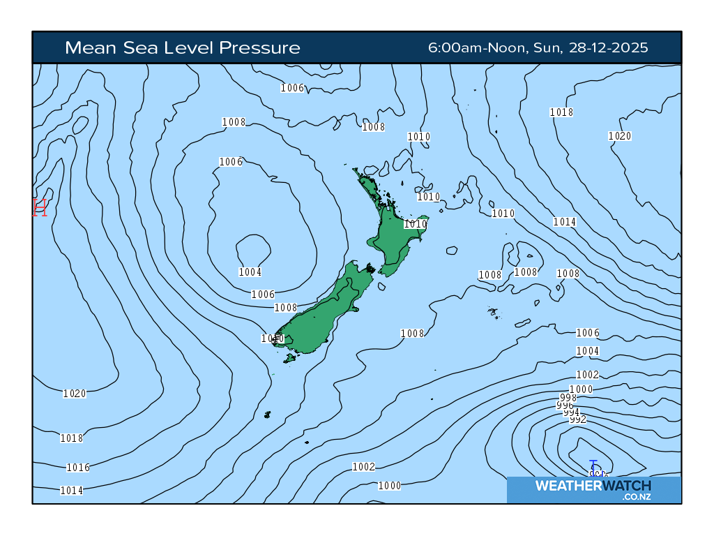 Mean sea level pressure for 7:01am on Sun 28 December 2025