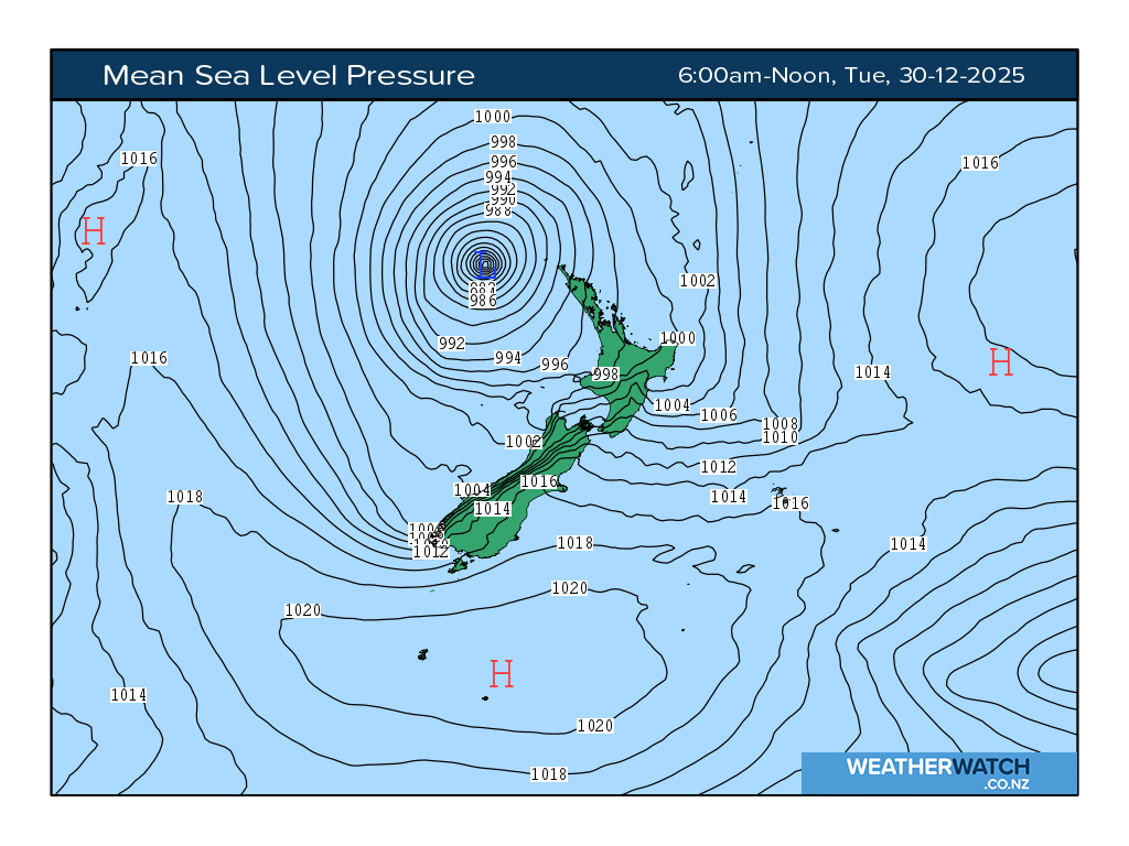 Mean sea level pressure for 7:01am on Tue 30 December 2025
