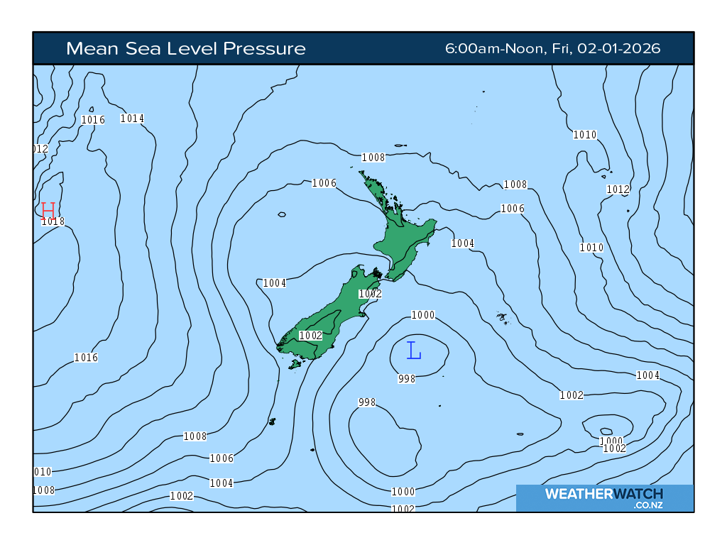 Mean sea level pressure for 7:01am on Fri 2 January 2026