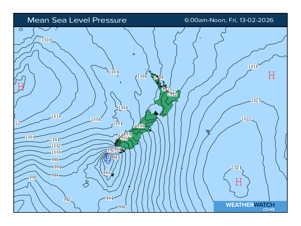 Mean sea level pressure for 7:01am on Fri 13 February 2026