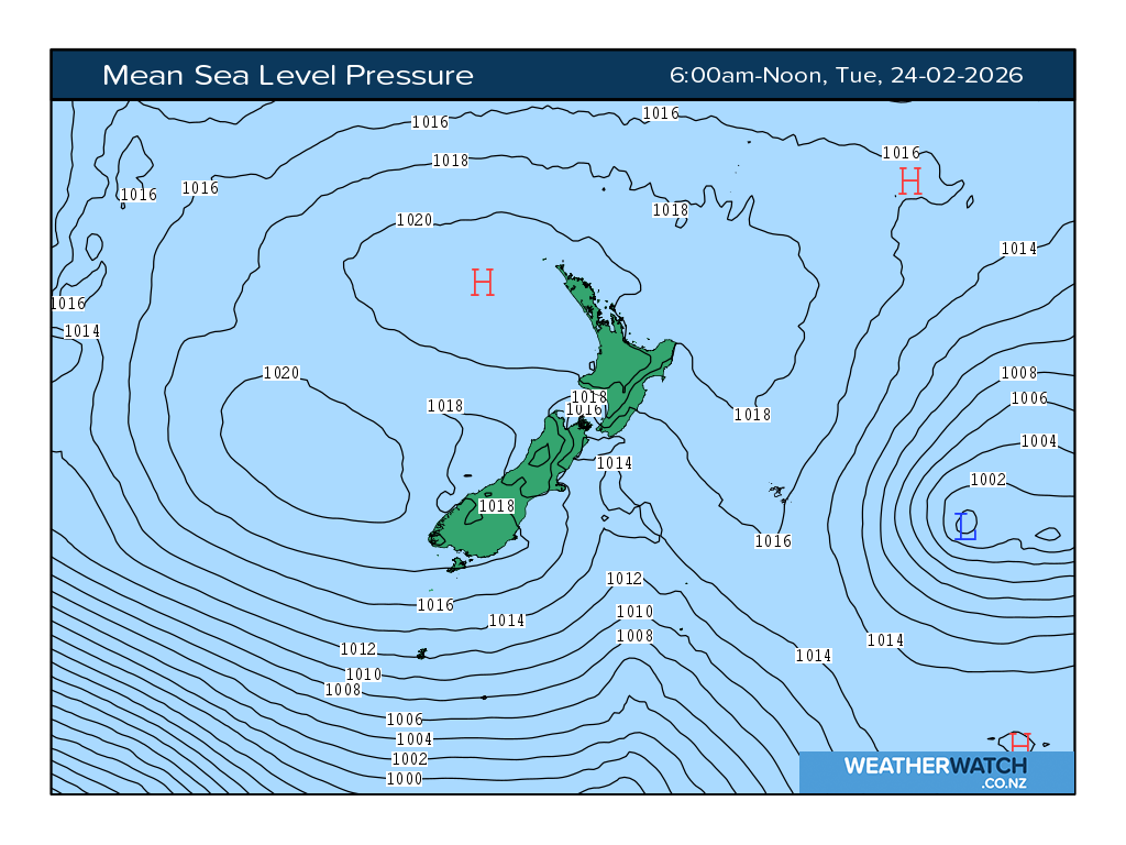 Mean sea level pressure for 7:01am on Tue 24 February 2026