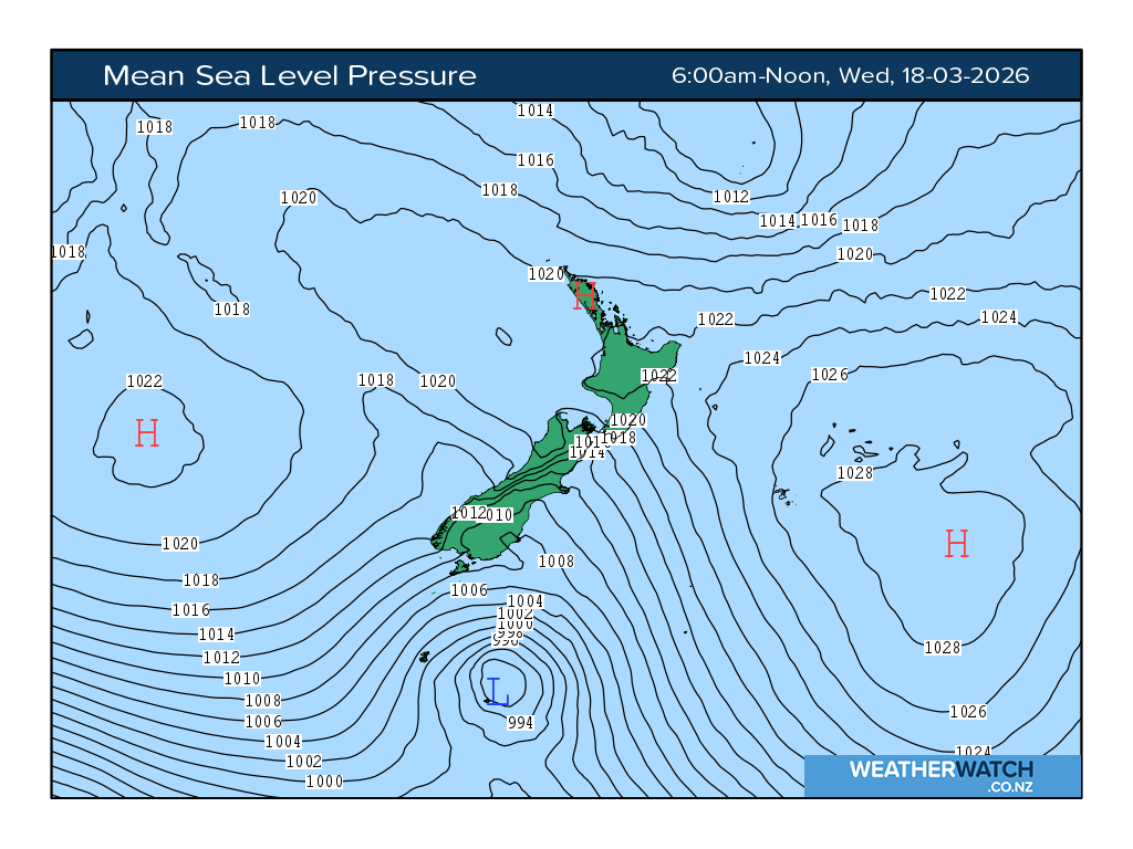 Mean sea level pressure for 7:01am on Wed 18 March 2026