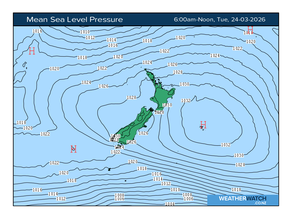 Mean sea level pressure for 7:01am on Tue 24 March 2026