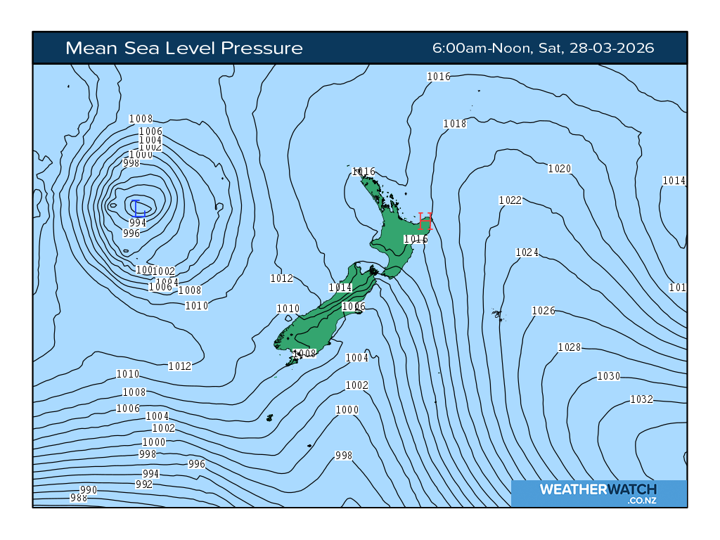 Mean sea level pressure for 7:01am on Sat 28 March 2026