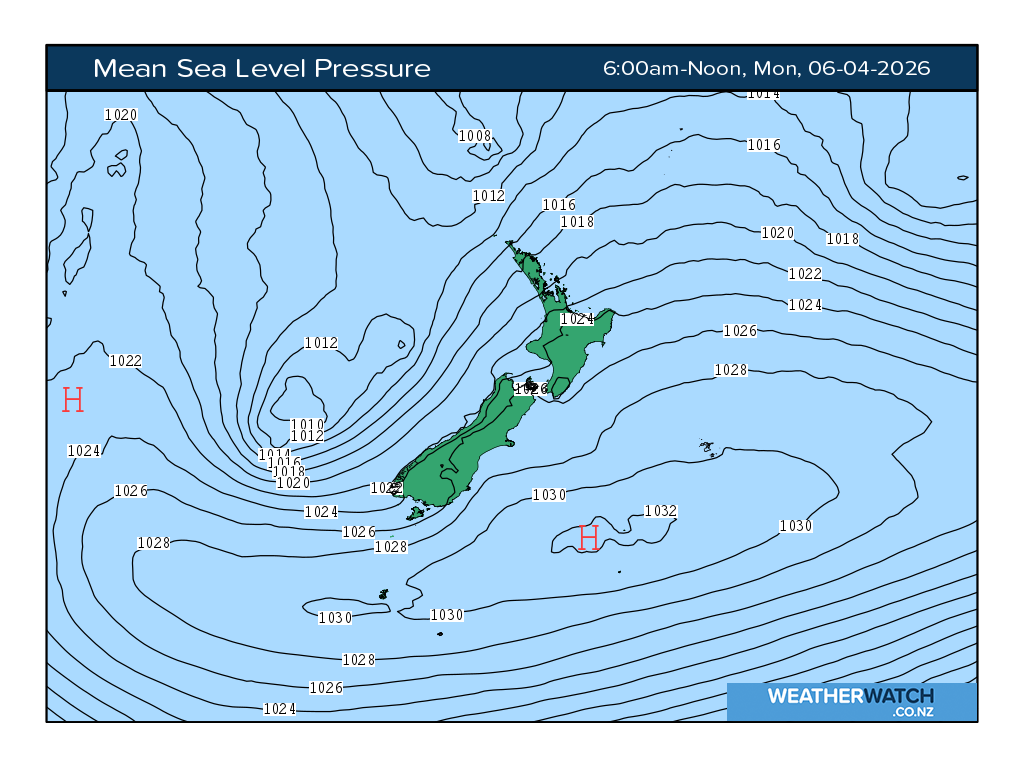 Mean sea level pressure for 6:01am on Mon 6 April 2026