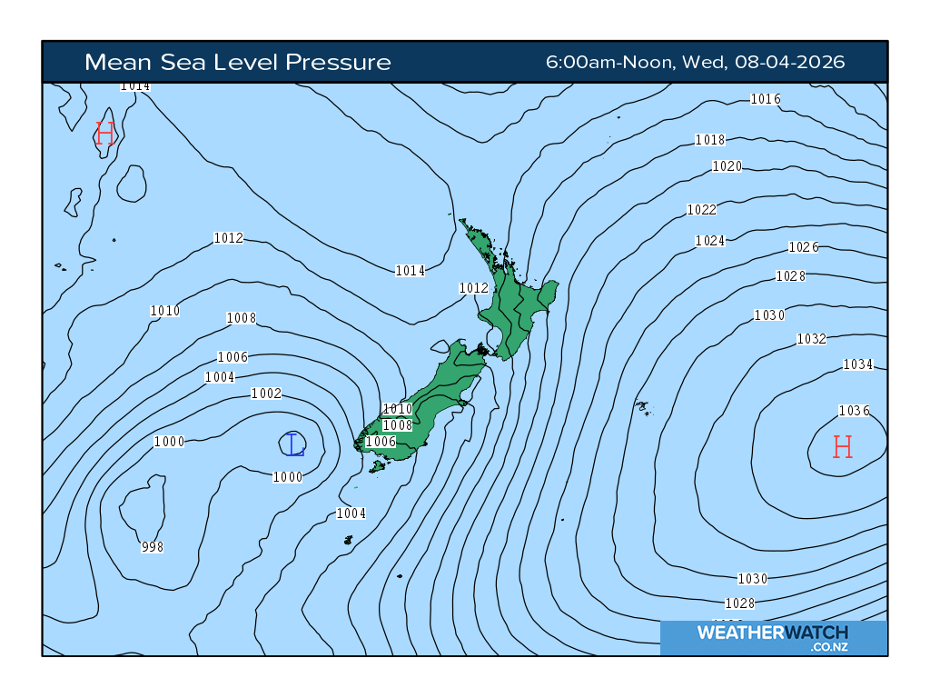 Mean sea level pressure for 6:01am on Wed 8 April 2026