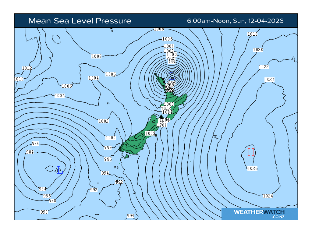 Mean sea level pressure for 6:01am on Sun 12 April 2026