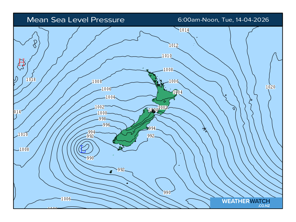 Mean sea level pressure for 6:01am on Tue 14 April 2026