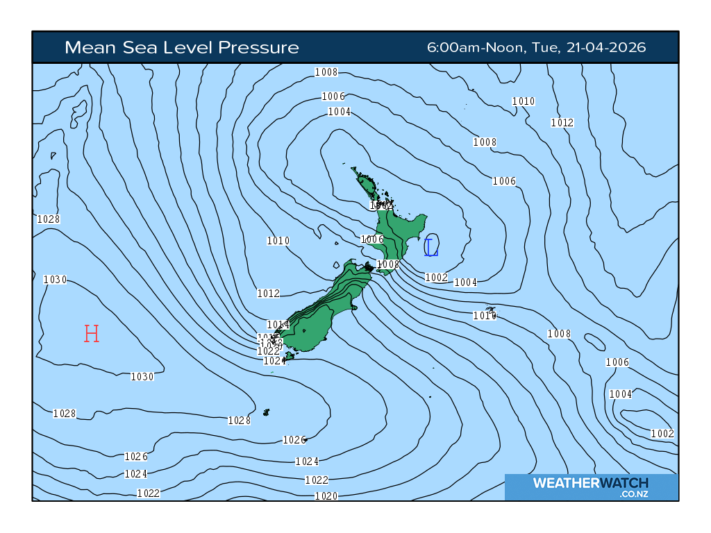 Mean sea level pressure for 6:01am on Tue 21 April 2026