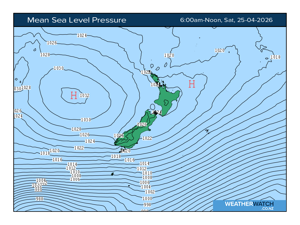 Mean sea level pressure for 6:01am on Sat 25 April 2026