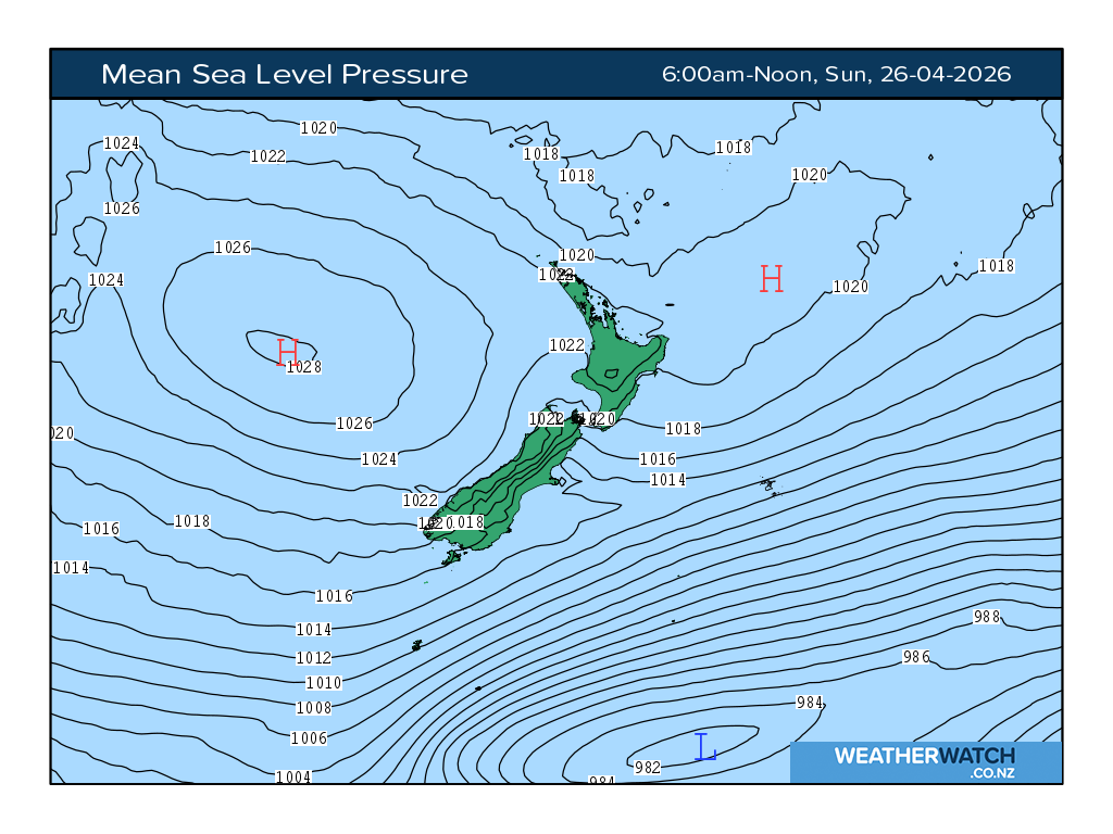 Mean sea level pressure for 6:01am on Sun 26 April 2026
