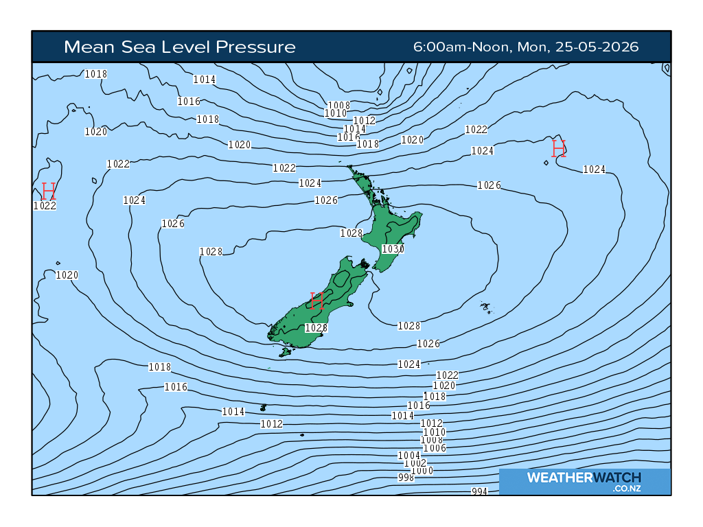 Mean sea level pressure for 6:01am on Mon 25 May 2026