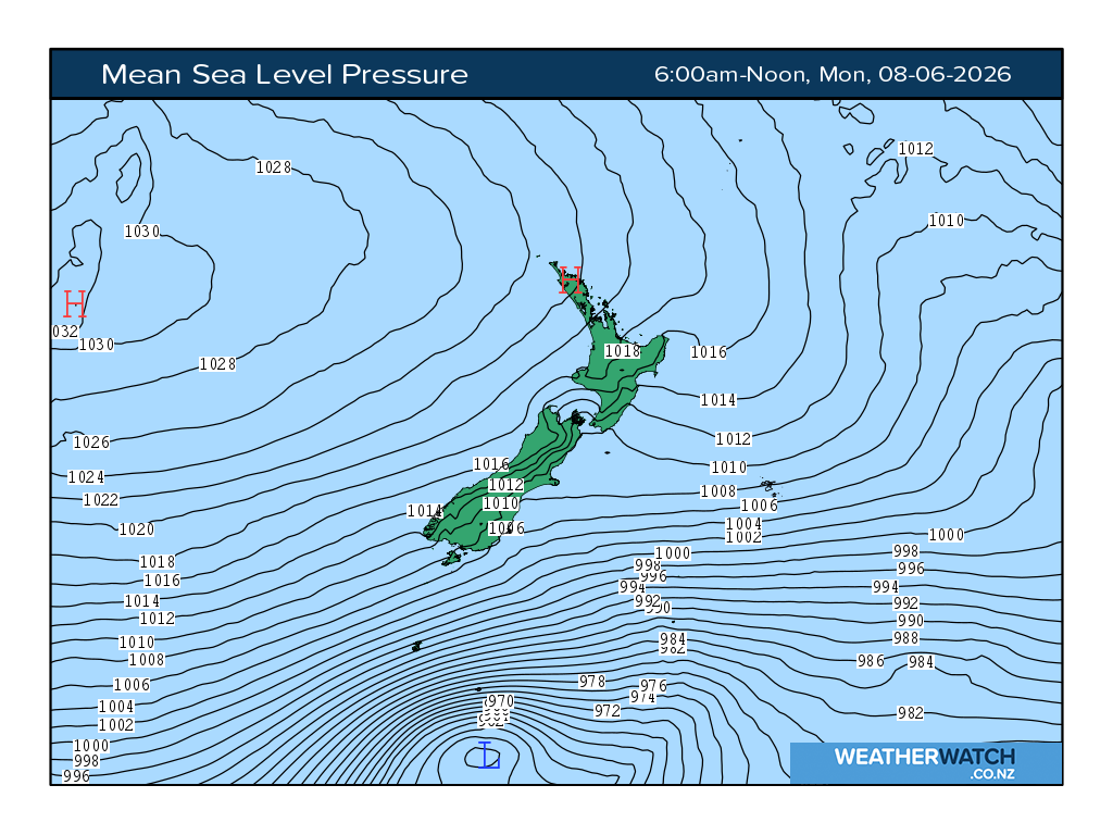 Mean sea level pressure for 6:01am on Mon 8 June 2026
