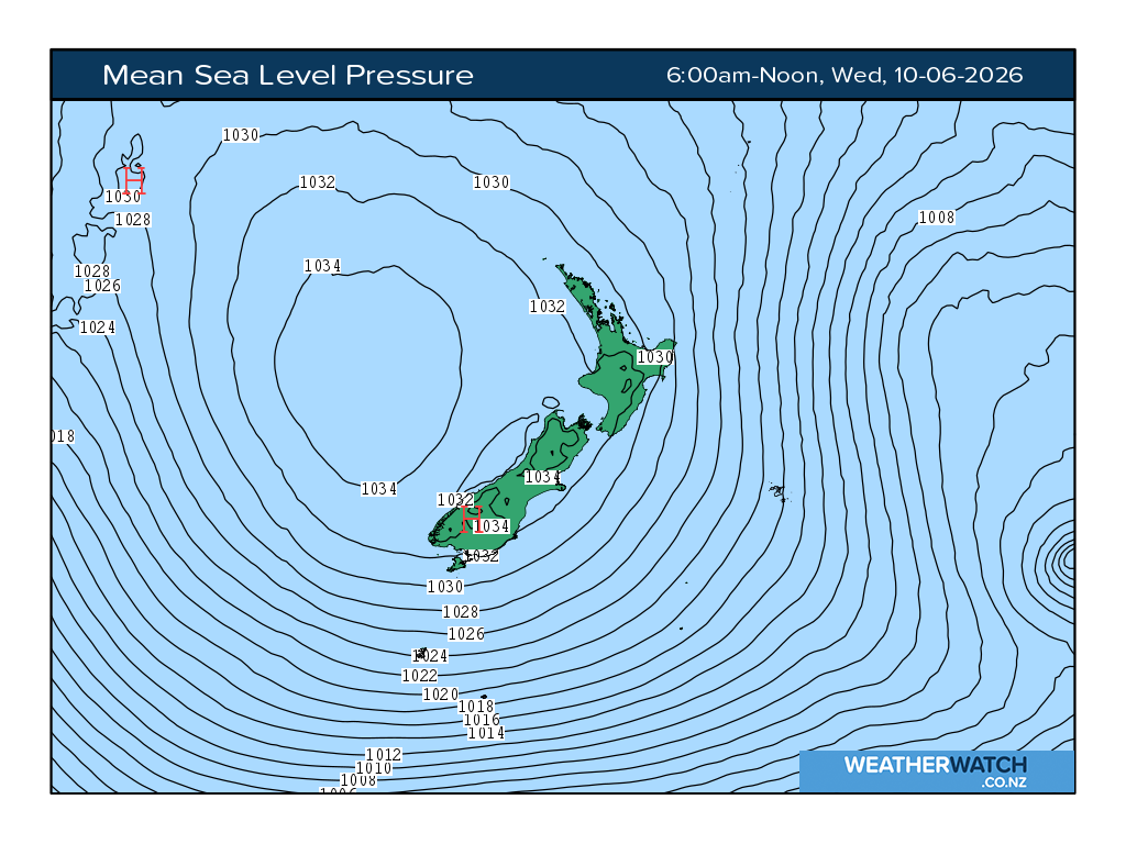 Mean sea level pressure for 6:01am on Wed 10 June 2026