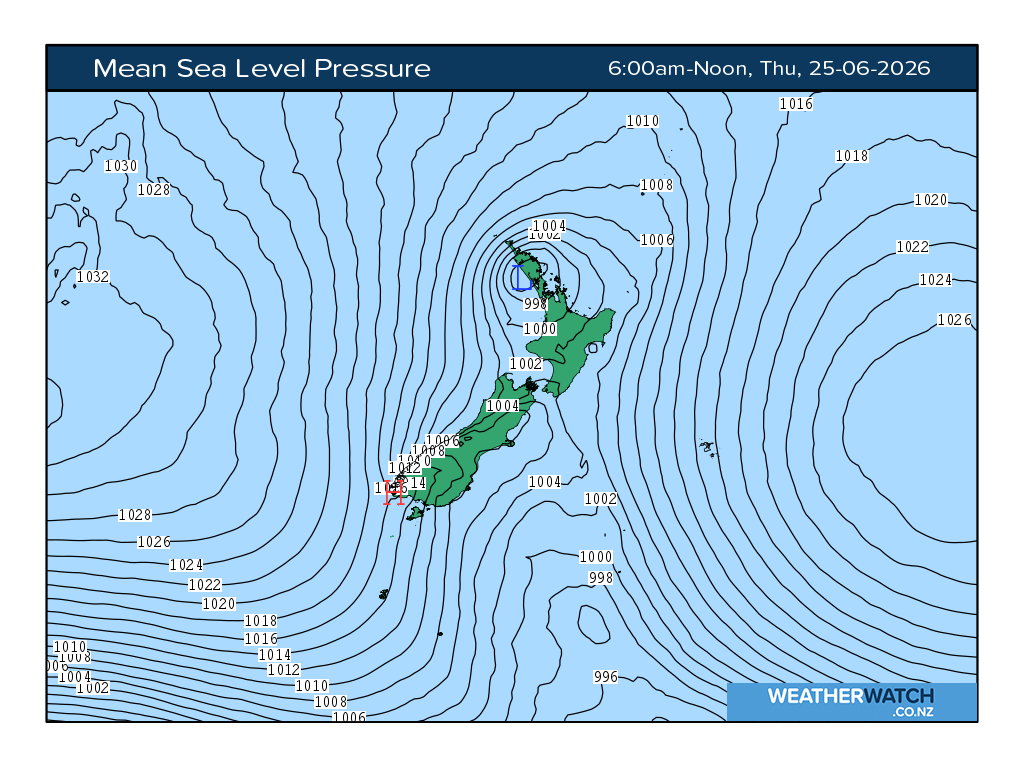 Mean sea level pressure for 6:01am on Thu 25 June 2026