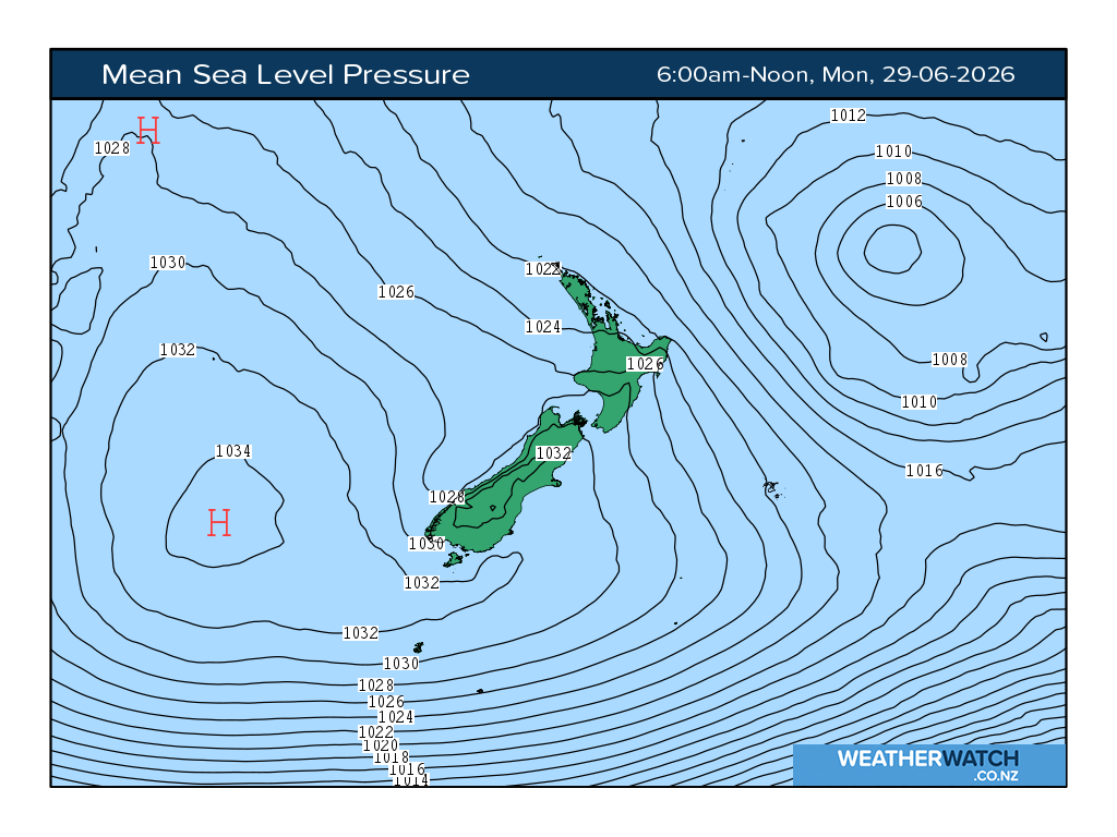 Mean sea level pressure for 6:01am on Mon 29 June 2026