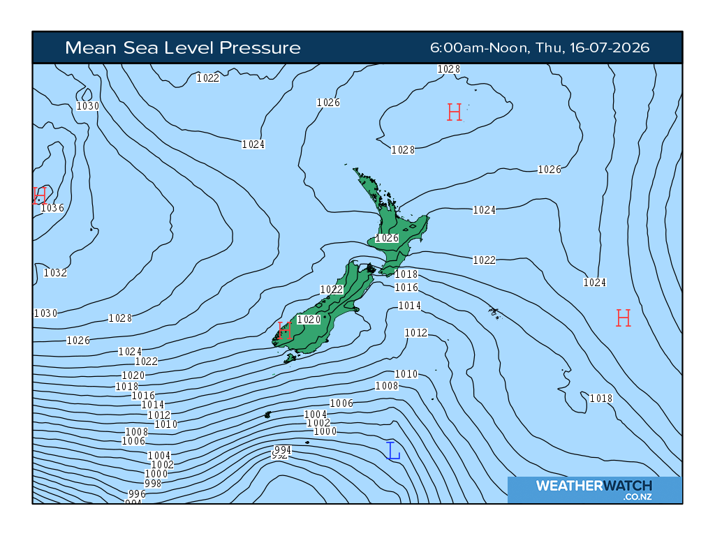 Mean sea level pressure for 6:01am on Thu 16 July 2026