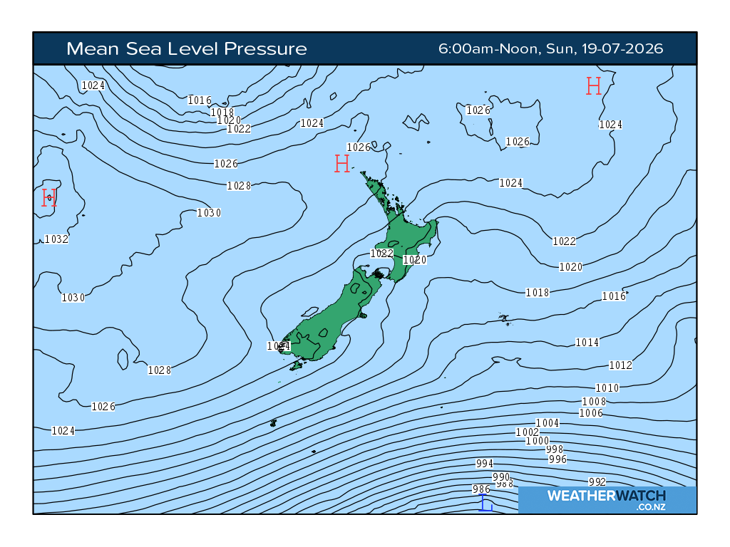 Mean sea level pressure for 6:01am on Sun 19 July 2026