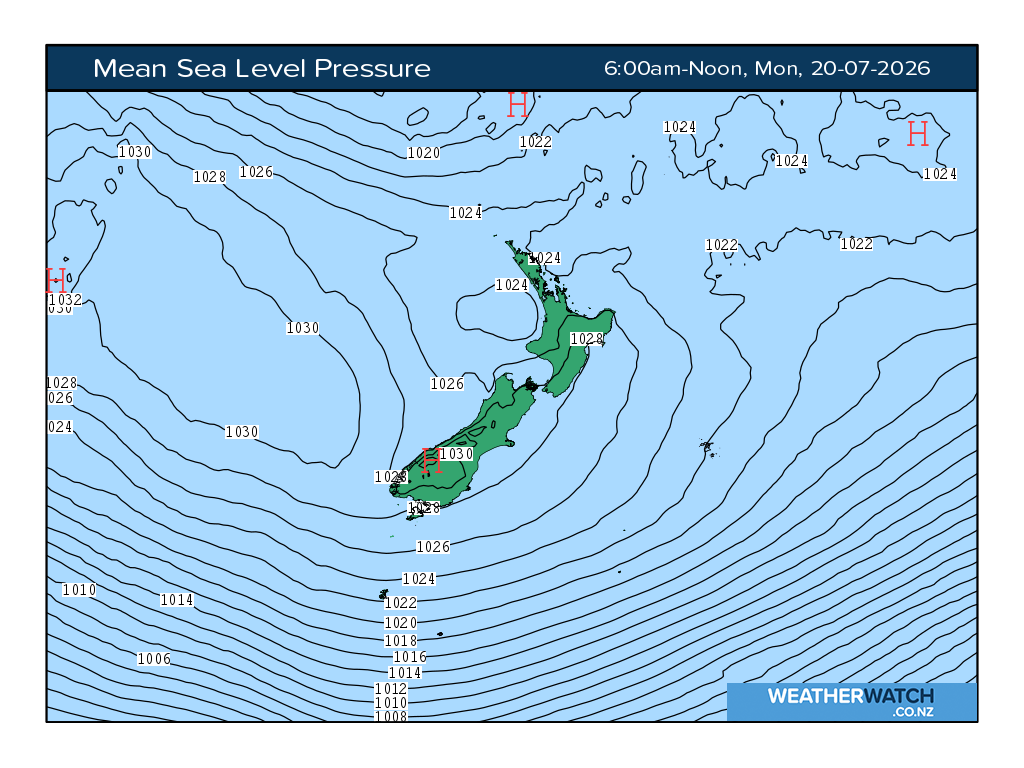 Mean sea level pressure for 6:01am on Mon 20 July 2026