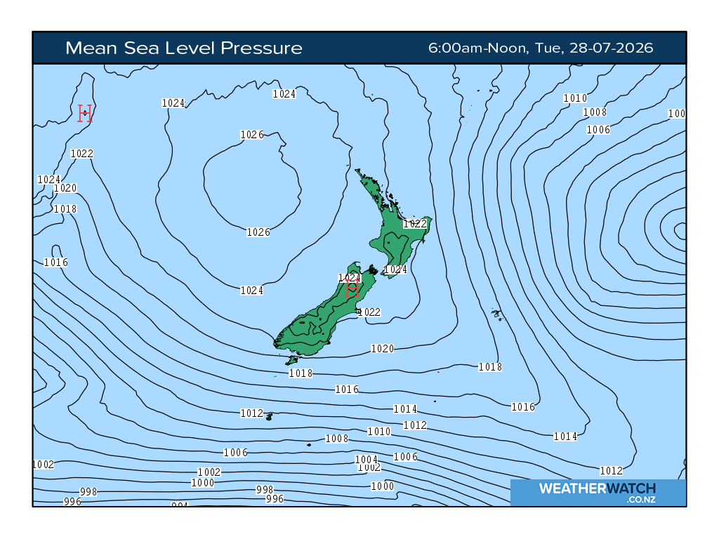 Mean sea level pressure for 6:01am on Tue 28 July 2026