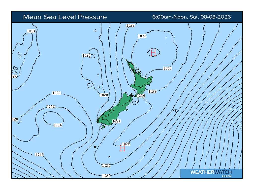 Mean sea level pressure for 6:01am on Sat 8 August 2026