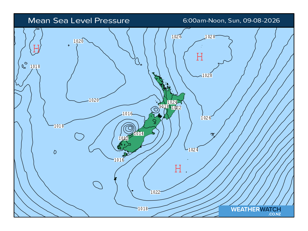 Mean sea level pressure for 6:01am on Sun 9 August 2026